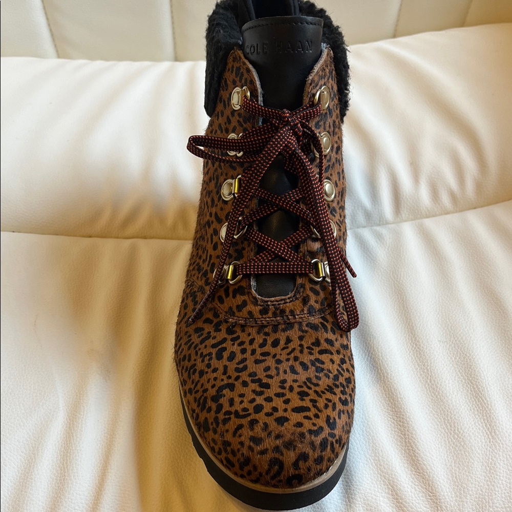 Cole Haan Leopard Print Lace Up Boots with Black and Gold Accents